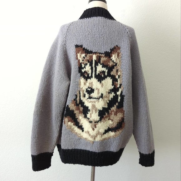 Vintage Sweaters - Vintage Husky Handknit Sweater 1970's Cardigan Unisex Large Cowichan Knit Dog